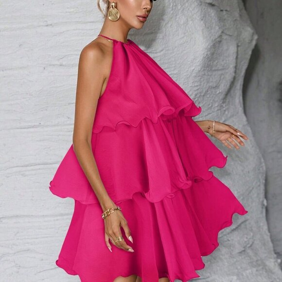 Hot Pink Casual Women's Ruffled tiered Mini Dress - Picture 6 of 6